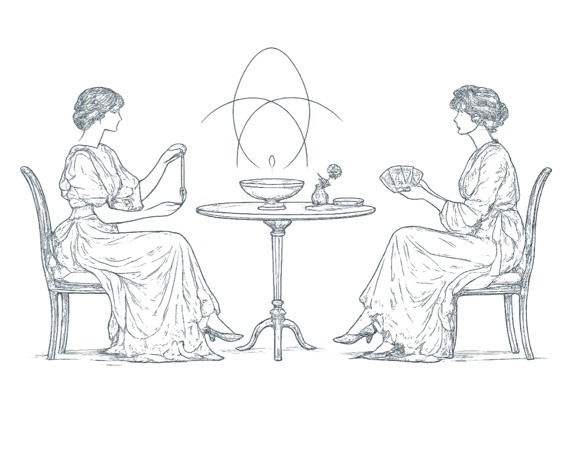 テーブルを囲みカードを読む二人の女性の線画